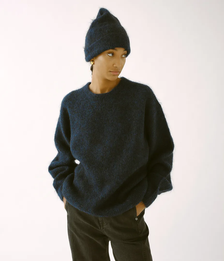 Brushed Mohair Beanie in Indigo