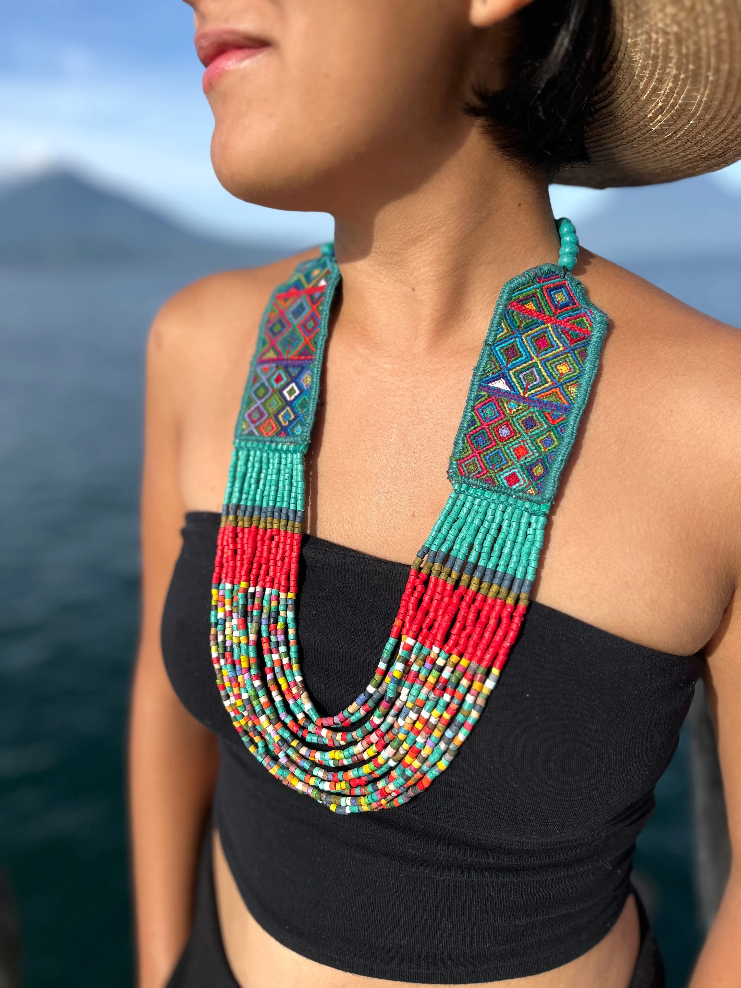 Ceremonial Two-Piece Textile Necklace, Adjustable - "Aguacatán", Red Sea