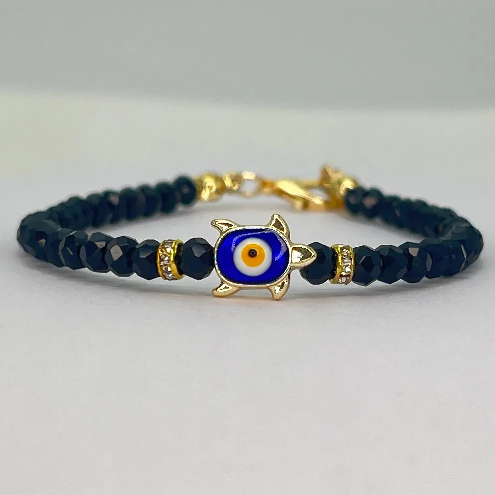 Crystal Beaded Bracelet with Turtle Charm - 4 Color Options 