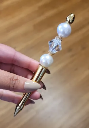 Crystal,Pearl & Gold Jeweled Ink Pen
