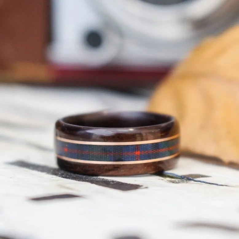 Custom Tartan | Men's Rosewood Wedding Band with Custom Tartan & Dual Metal Inlays