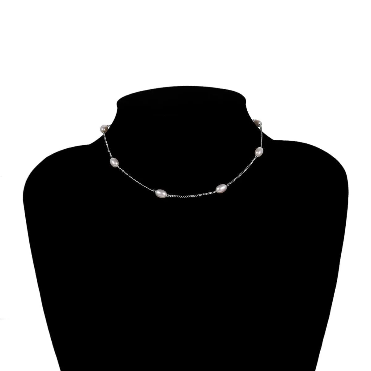 Dainty Beaded Pearl Chain Necklace - Minimalist Gold Silver Tone Curb Link Pearl Chain Necklace