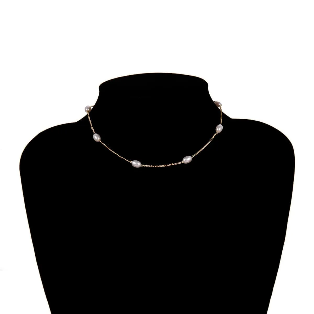 Dainty Beaded Pearl Chain Necklace - Minimalist Gold Silver Tone Curb Link Pearl Chain Necklace