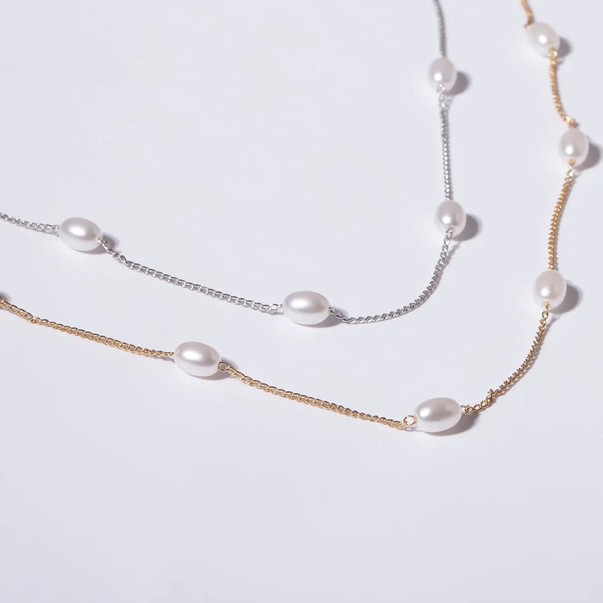 Dainty Beaded Pearl Chain Necklace - Minimalist Gold Silver Tone Curb Link Pearl Chain Necklace
