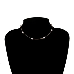 Dainty Beaded Pearl Chain Necklace - Minimalist Gold Silver Tone Curb Link Pearl Chain Necklace