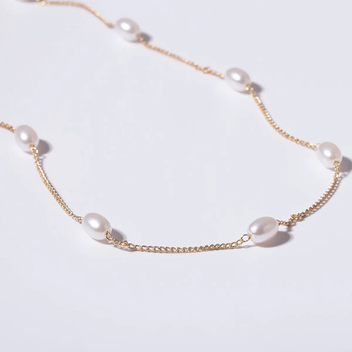 Dainty Beaded Pearl Chain Necklace - Minimalist Gold Silver Tone Curb Link Pearl Chain Necklace
