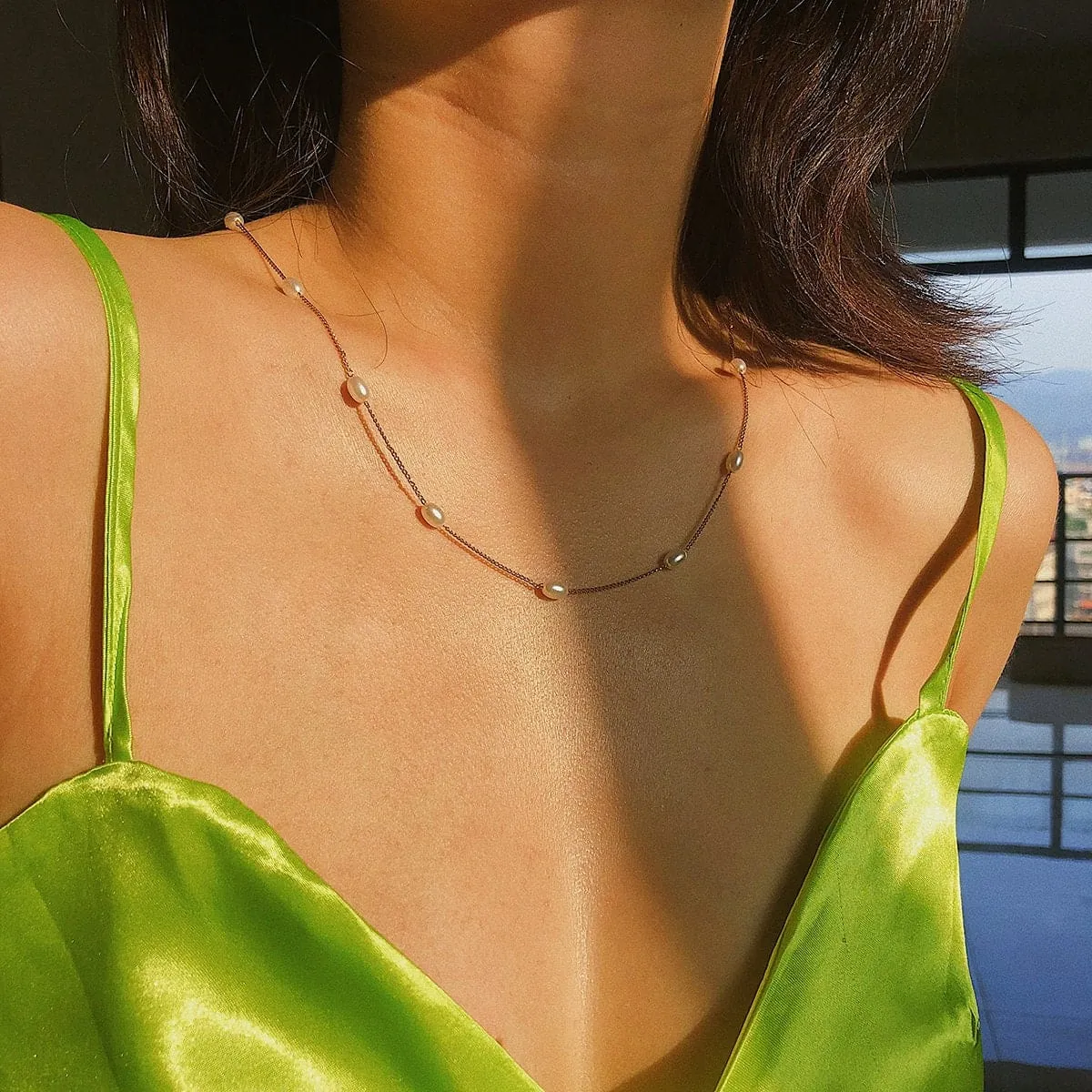 Dainty Beaded Pearl Chain Necklace - Minimalist Gold Silver Tone Curb Link Pearl Chain Necklace