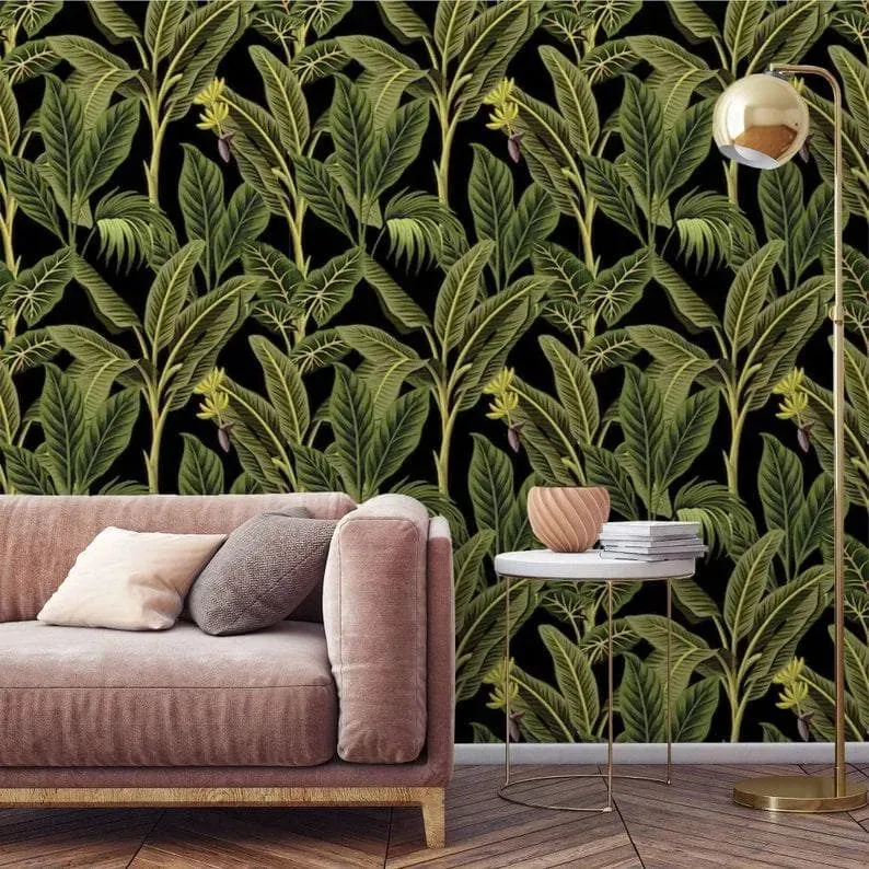 Dark Tropical Banana and Palm Tree Watercolor Wallpaper