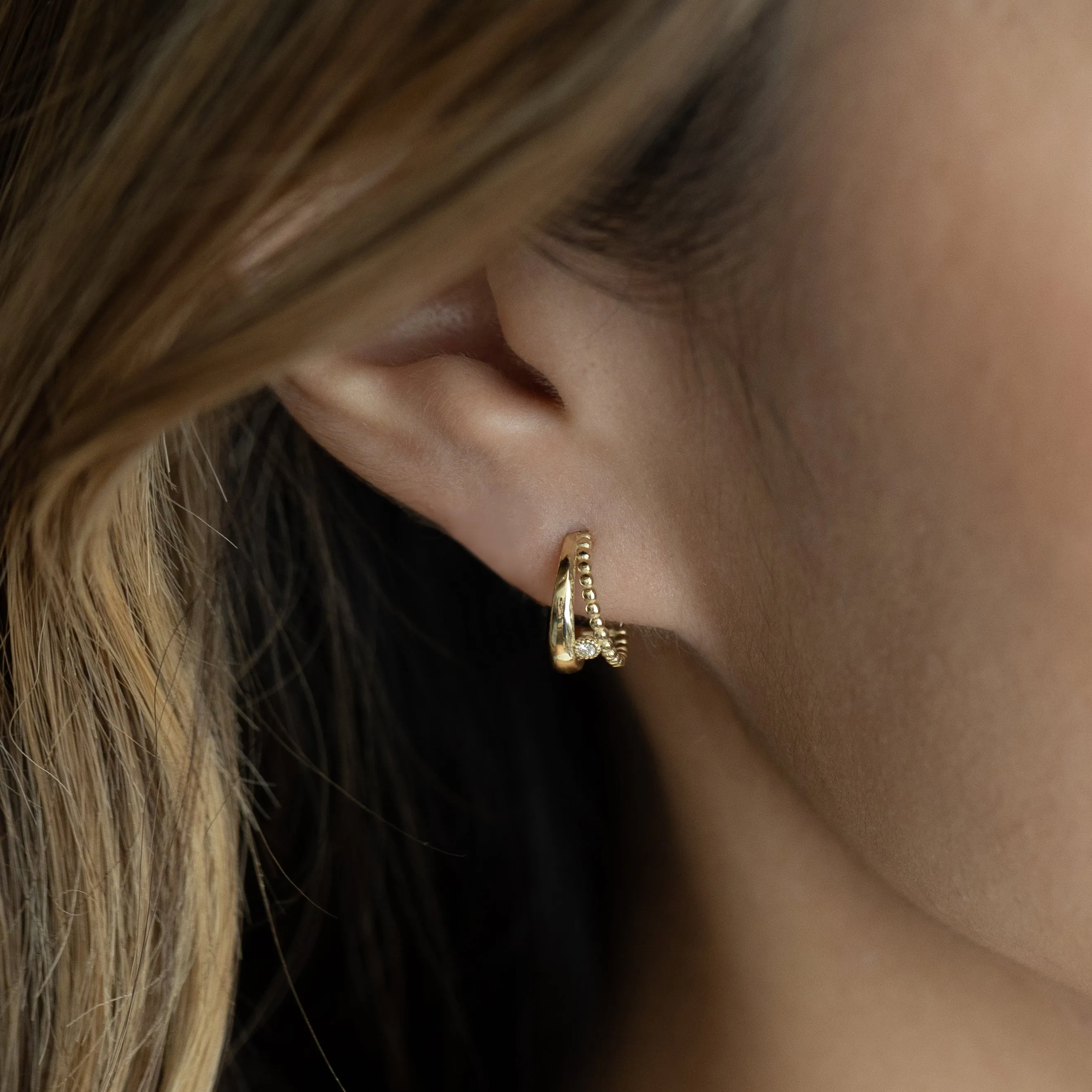 Double Hoop with Diamond Bezel and Beaded Huggie Earrings
