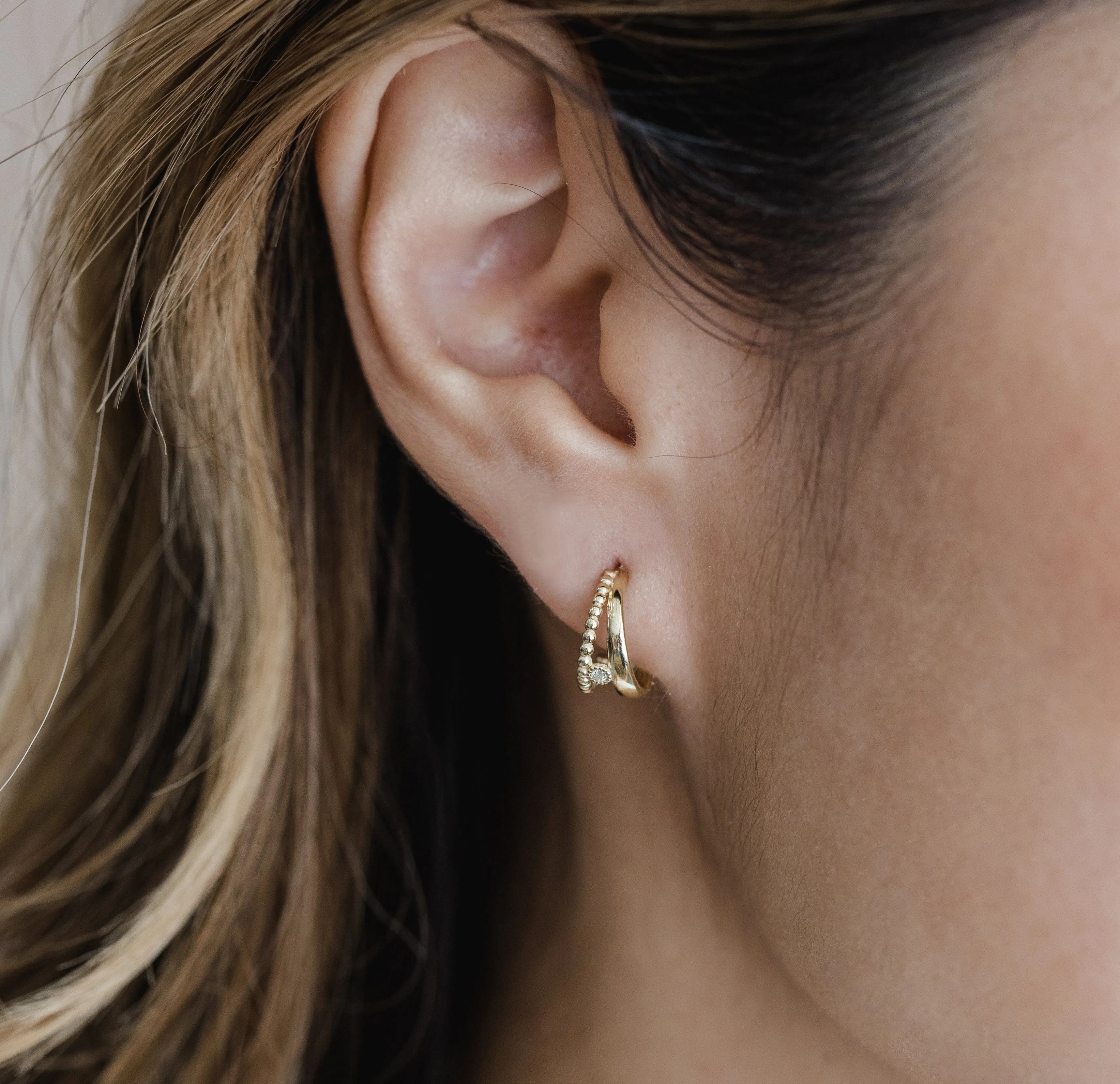 Double Hoop with Diamond Bezel and Beaded Huggie Earrings