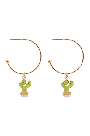 EE1087 - METAL EPOXY CACTUS HOOP ROUND EARRINGS