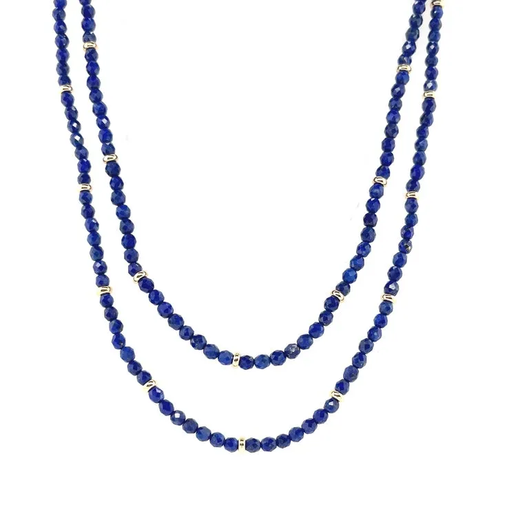 Faceted Lapis Bead Necklace with Yellow Gold Accents, 36 Inches