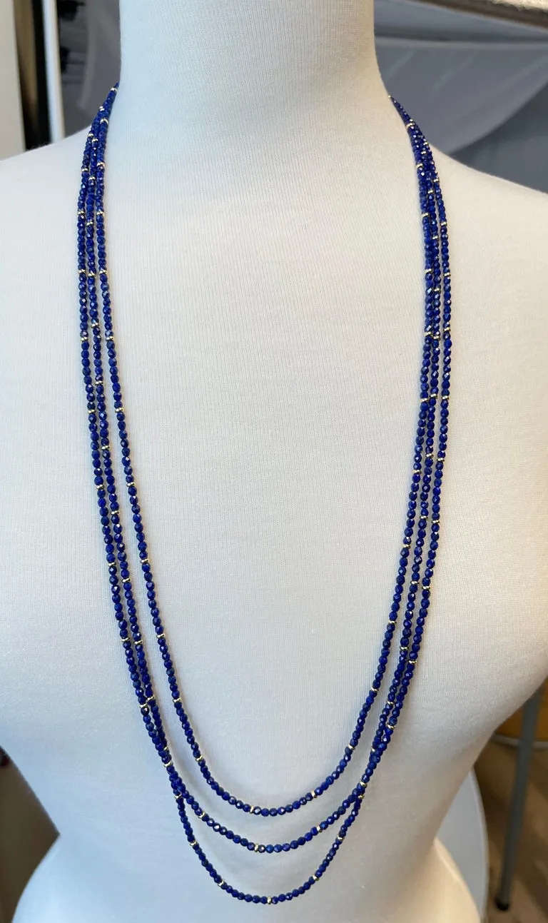 Faceted Lapis Bead Necklace with Yellow Gold Accents, 36 Inches