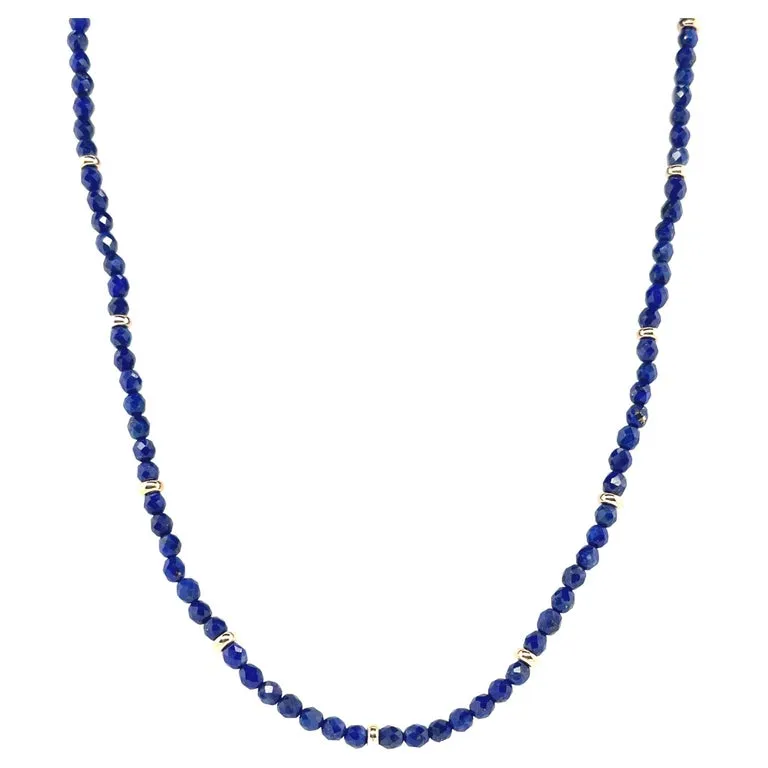 Faceted Lapis Bead Necklace with Yellow Gold Accents, 36 Inches