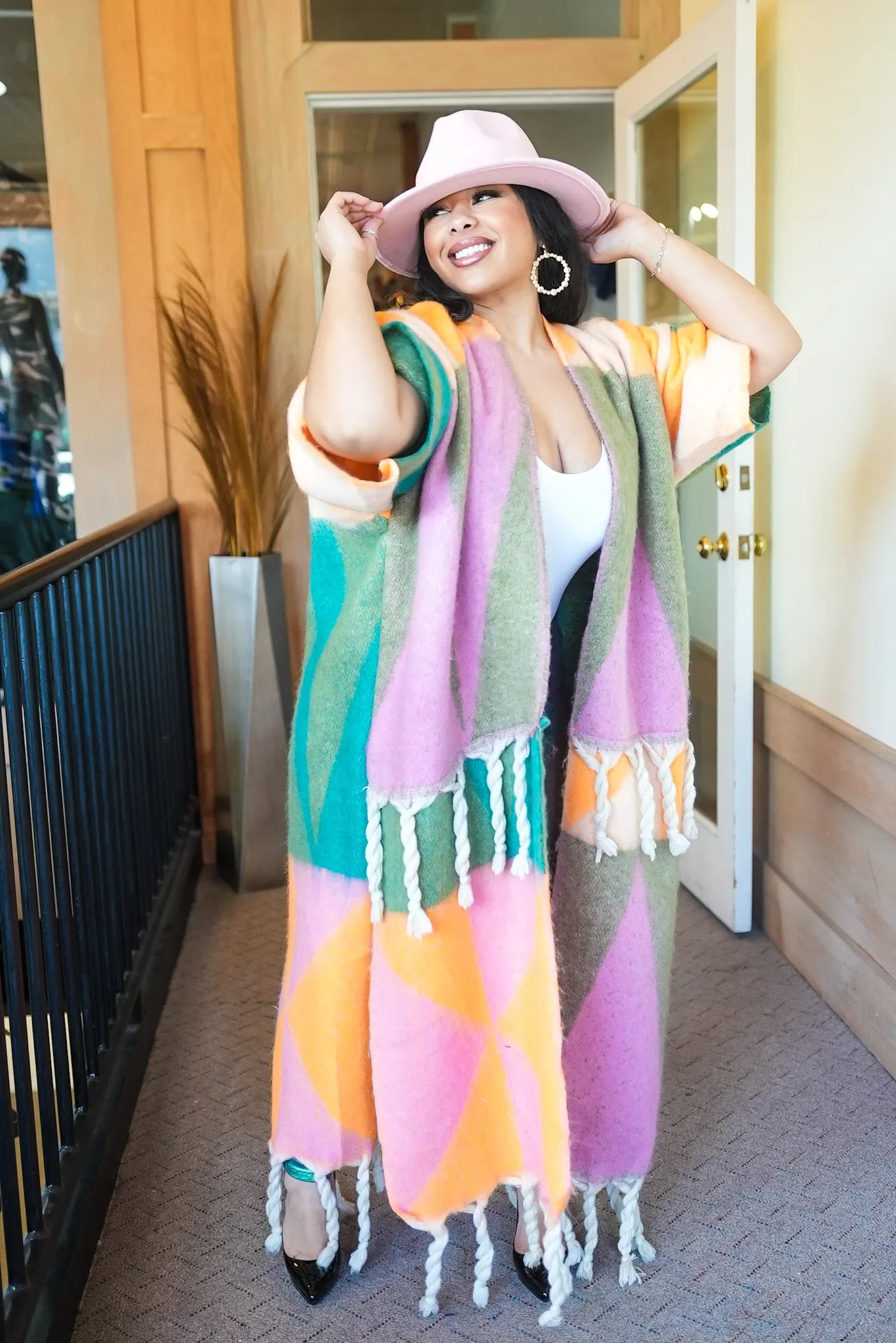Fallon fuzzy multi Color Tassle Cardigan -Pink/Orange/Green