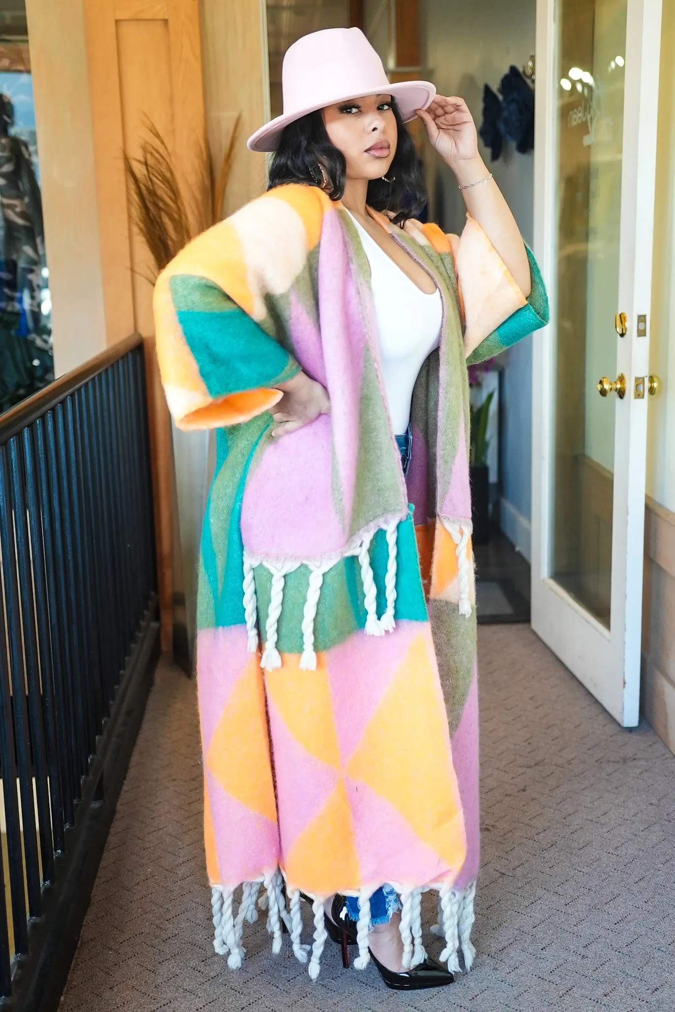 Fallon fuzzy multi Color Tassle Cardigan -Pink/Orange/Green