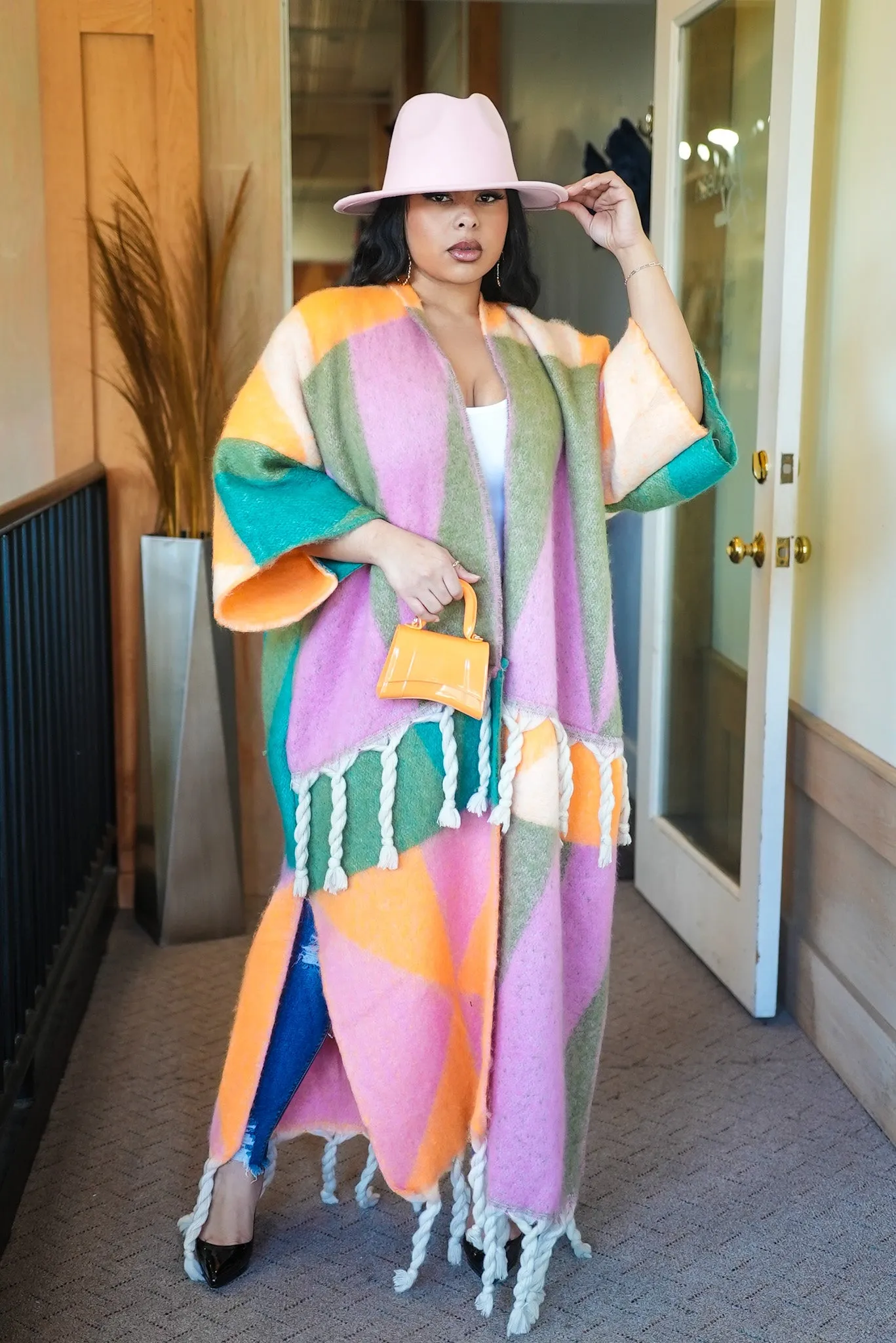 Fallon fuzzy multi Color Tassle Cardigan -Pink/Orange/Green