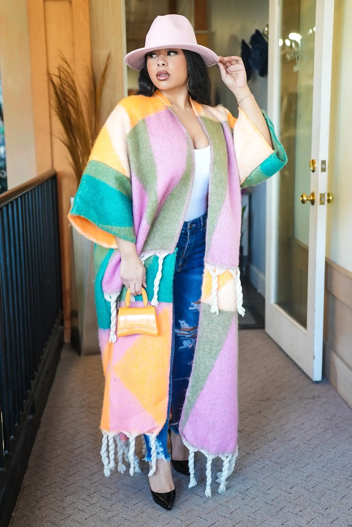 Fallon fuzzy multi Color Tassle Cardigan -Pink/Orange/Green