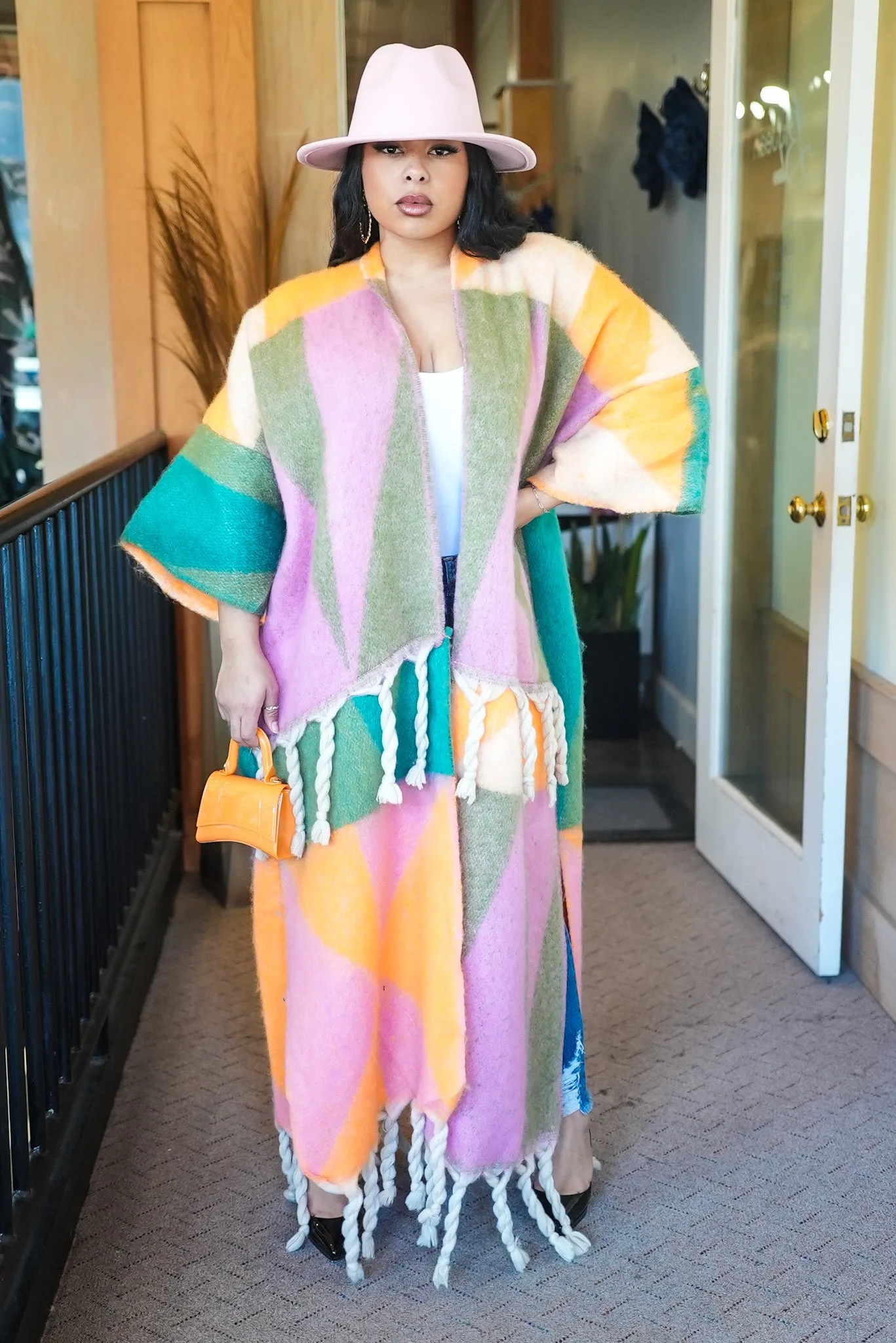 Fallon fuzzy multi Color Tassle Cardigan -Pink/Orange/Green