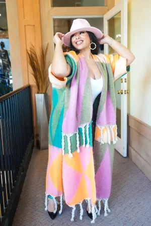 Fallon fuzzy multi Color Tassle Cardigan -Pink/Orange/Green
