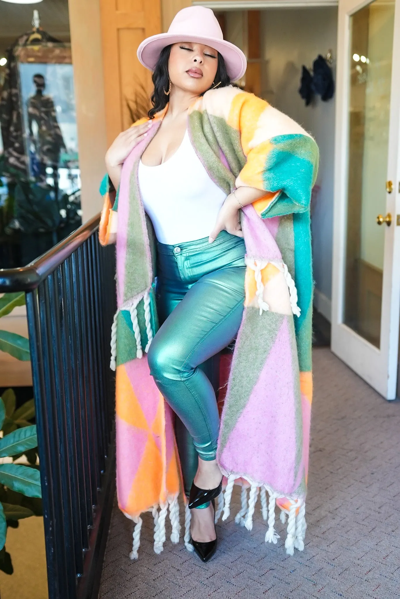 Fallon fuzzy multi Color Tassle Cardigan -Pink/Orange/Green