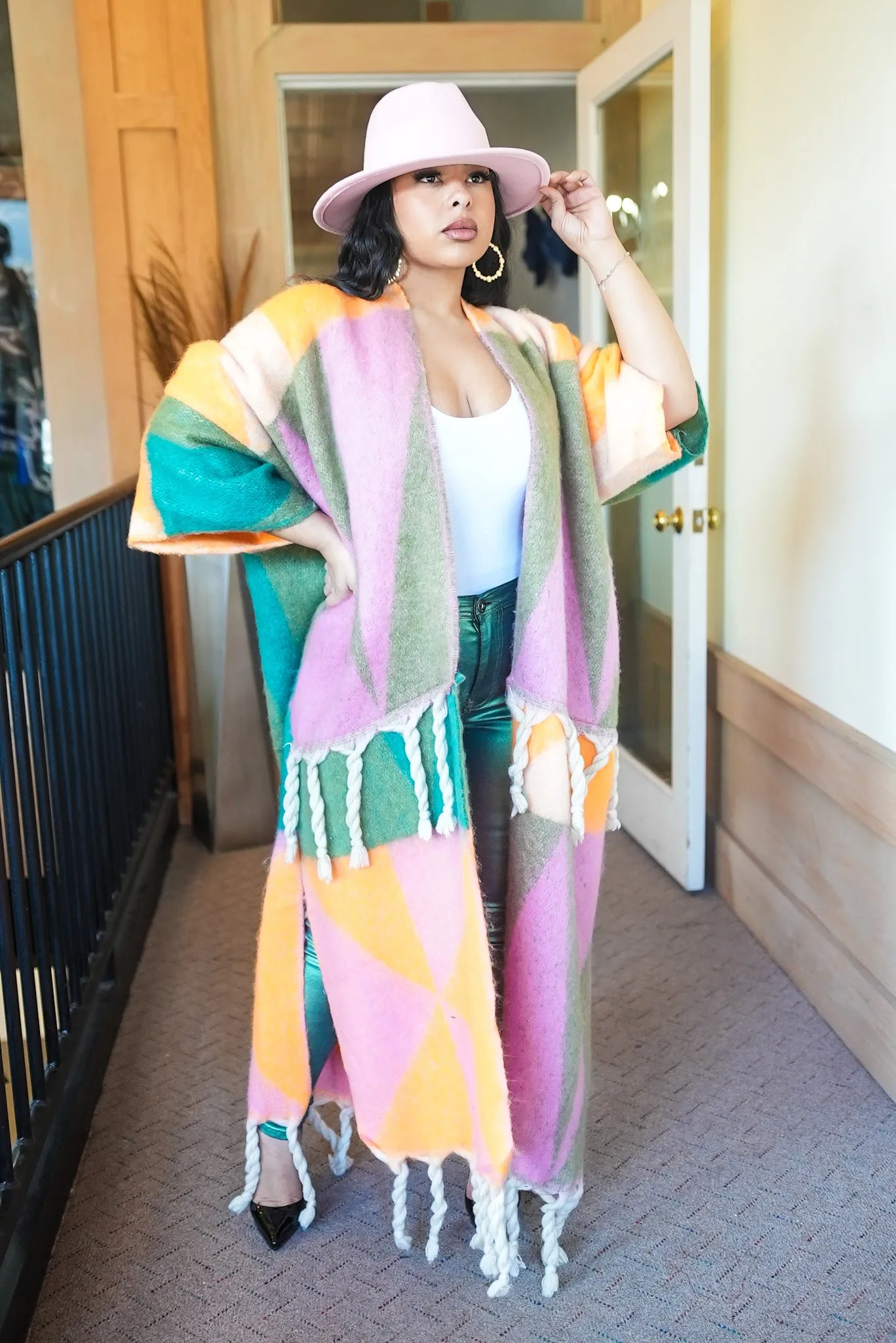 Fallon fuzzy multi Color Tassle Cardigan -Pink/Orange/Green