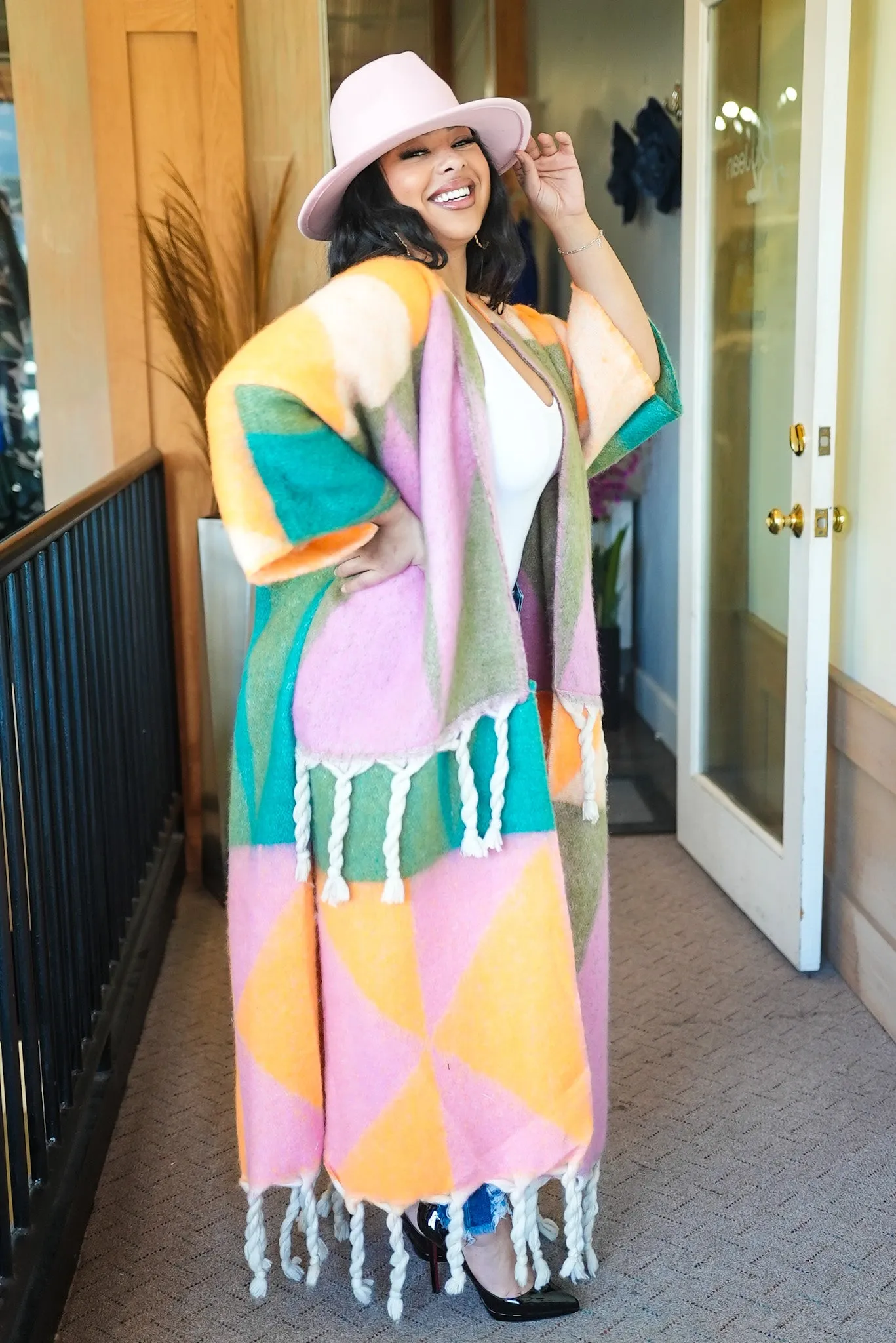 Fallon fuzzy multi Color Tassle Cardigan -Pink/Orange/Green