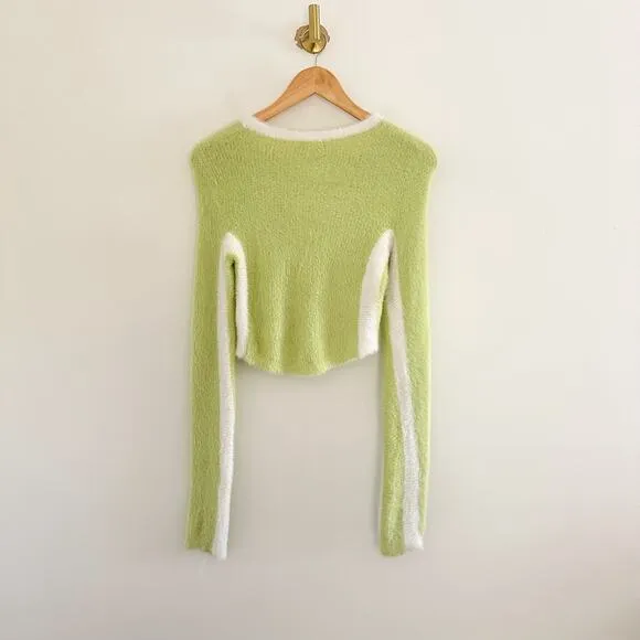 For Love And Lemons Alanis Stripe Crop Pullover Sweater Lime Green S