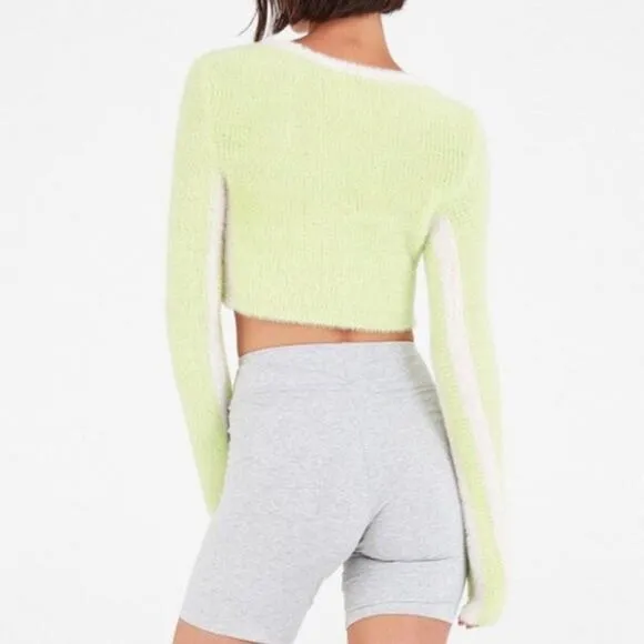 For Love And Lemons Alanis Stripe Crop Pullover Sweater Lime Green S