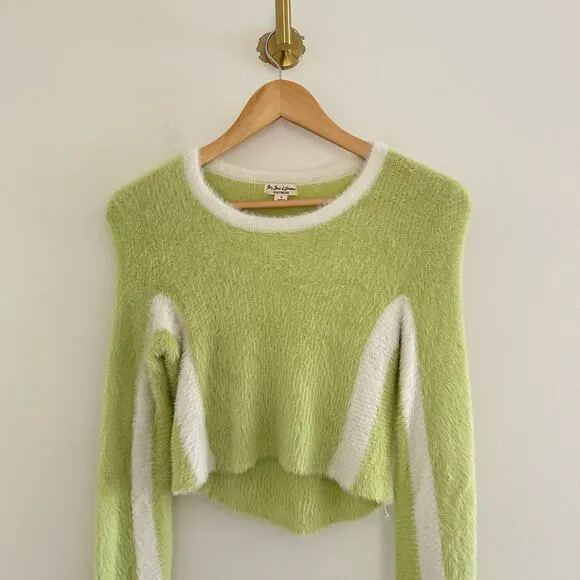 For Love And Lemons Alanis Stripe Crop Pullover Sweater Lime Green S
