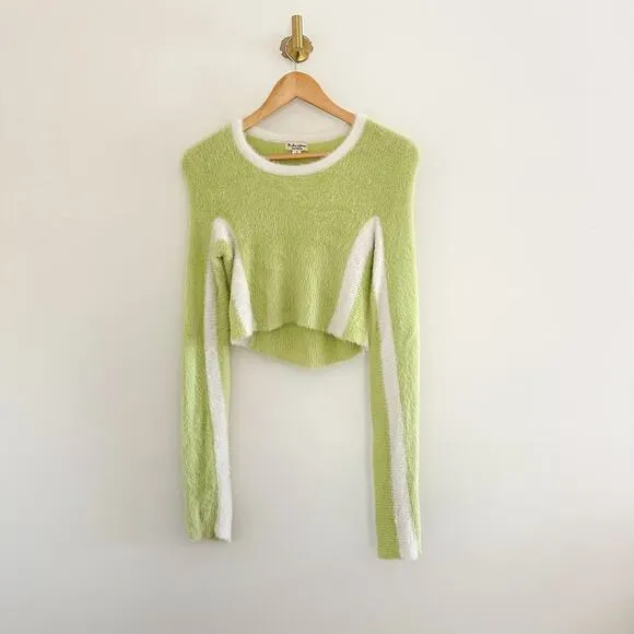 For Love And Lemons Alanis Stripe Crop Pullover Sweater Lime Green S