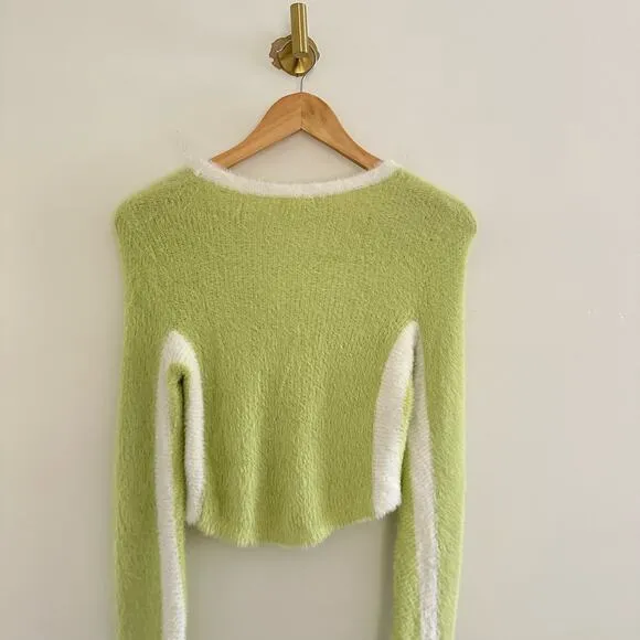 For Love And Lemons Alanis Stripe Crop Pullover Sweater Lime Green S