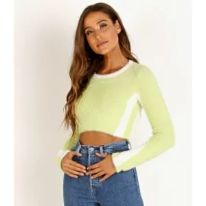 For Love And Lemons Alanis Stripe Crop Pullover Sweater Lime Green S