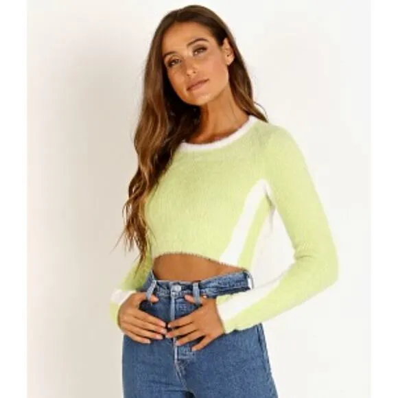 For Love And Lemons Alanis Stripe Crop Pullover Sweater Lime Green S