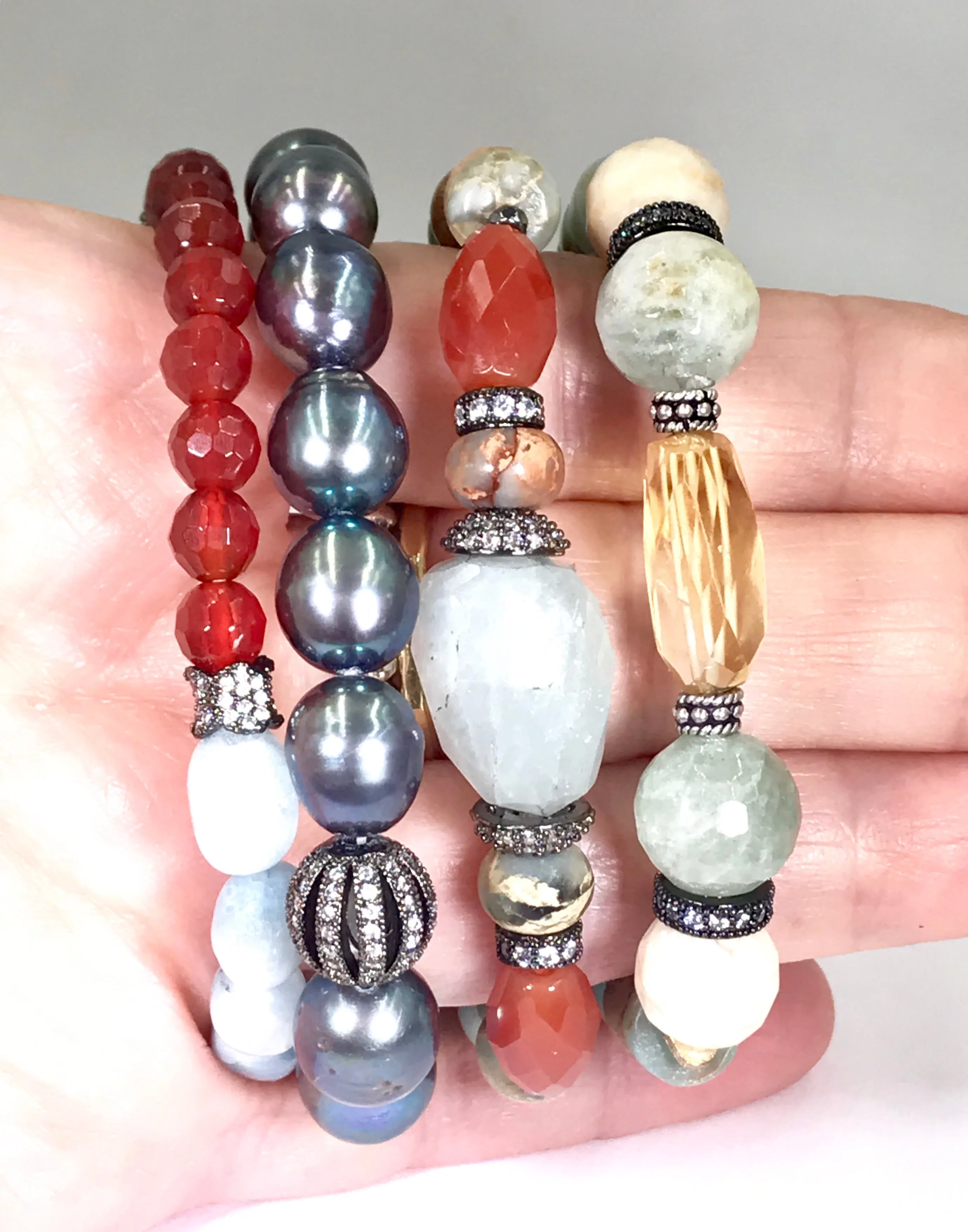 Gemstone Stack Bracelet Stretch Set of 3 Aquamarine Carnelian