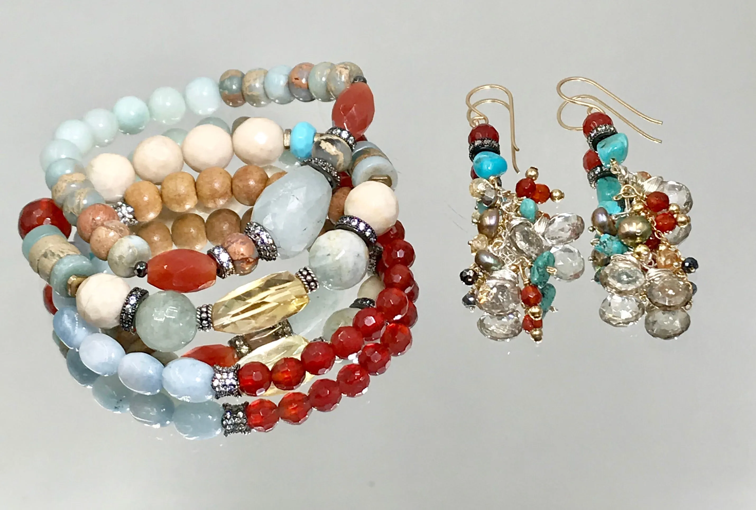 Gemstone Stack Bracelet Stretch Set of 3 Aquamarine Carnelian