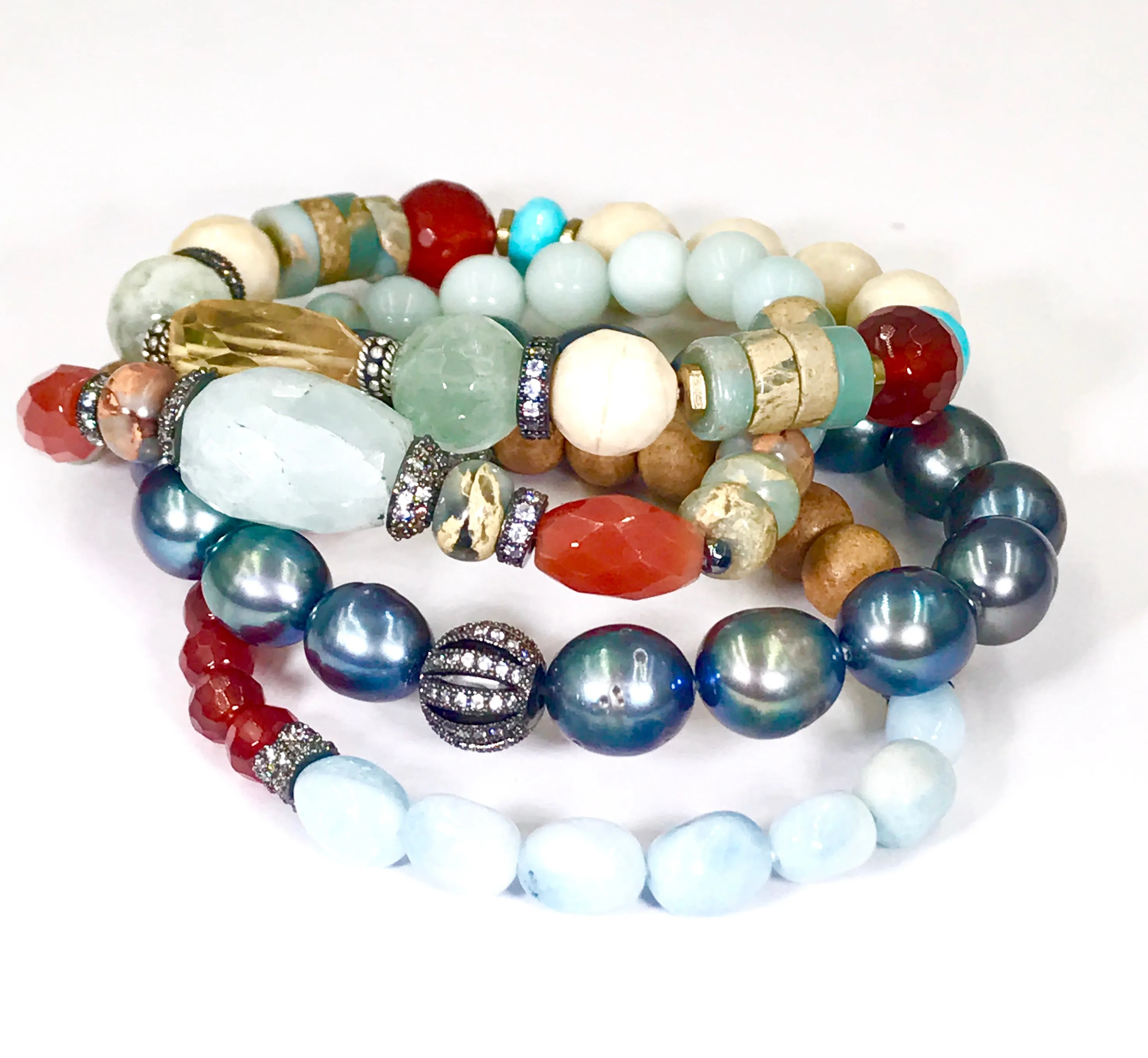 Gemstone Stack Bracelet Stretch Set of 3 Aquamarine Carnelian