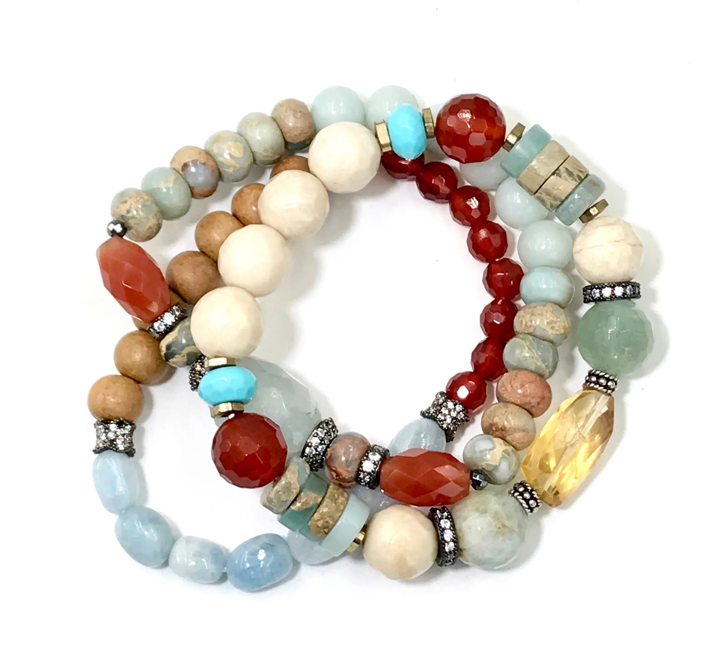 Gemstone Stack Bracelet Stretch Set of 3 Aquamarine Carnelian