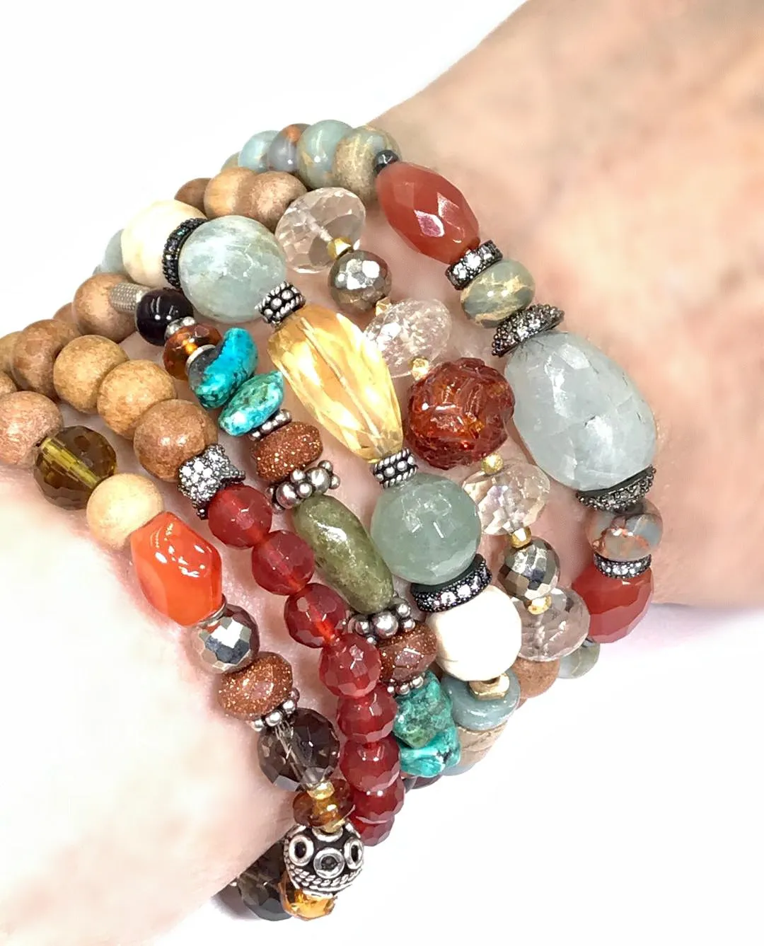 Gemstone Stack Bracelet Stretch Set of 3 Aquamarine Carnelian