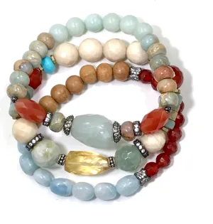 Gemstone Stack Bracelet Stretch Set of 3 Aquamarine Carnelian