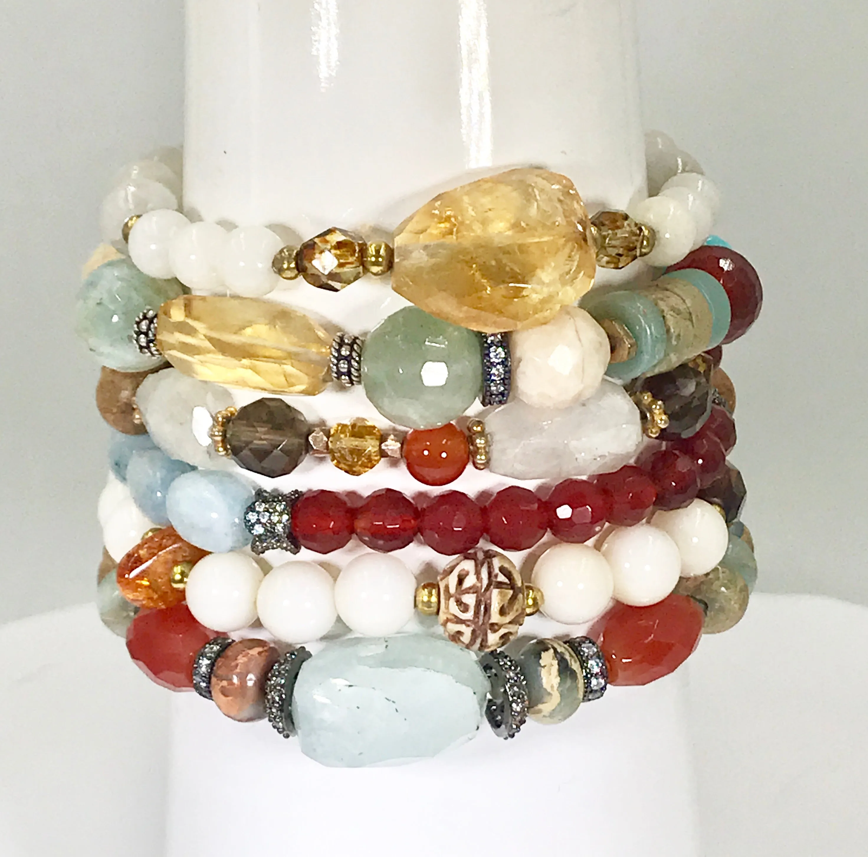 Gemstone Stack Bracelet Stretch Set of 3 Aquamarine Carnelian