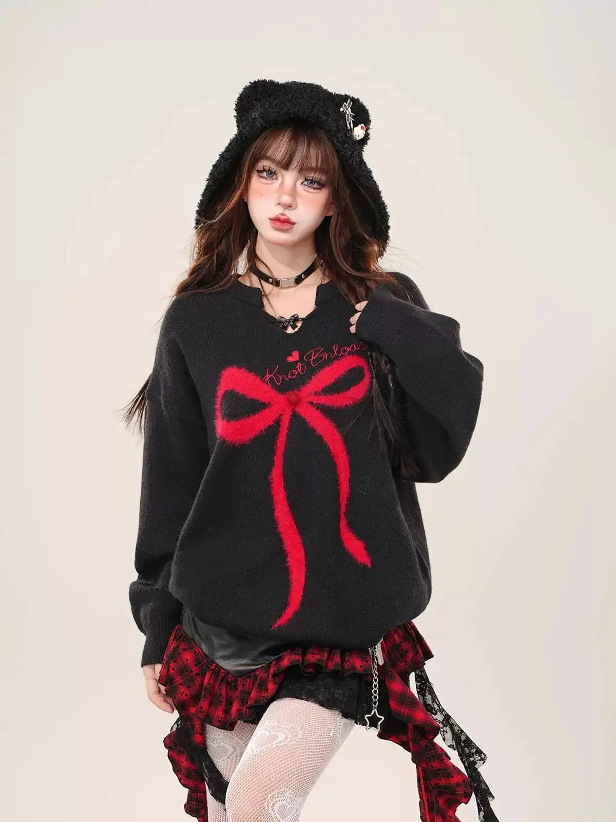 'Gifted' Red Ribbon Holiday Christmas Oversized Mohair Sweater