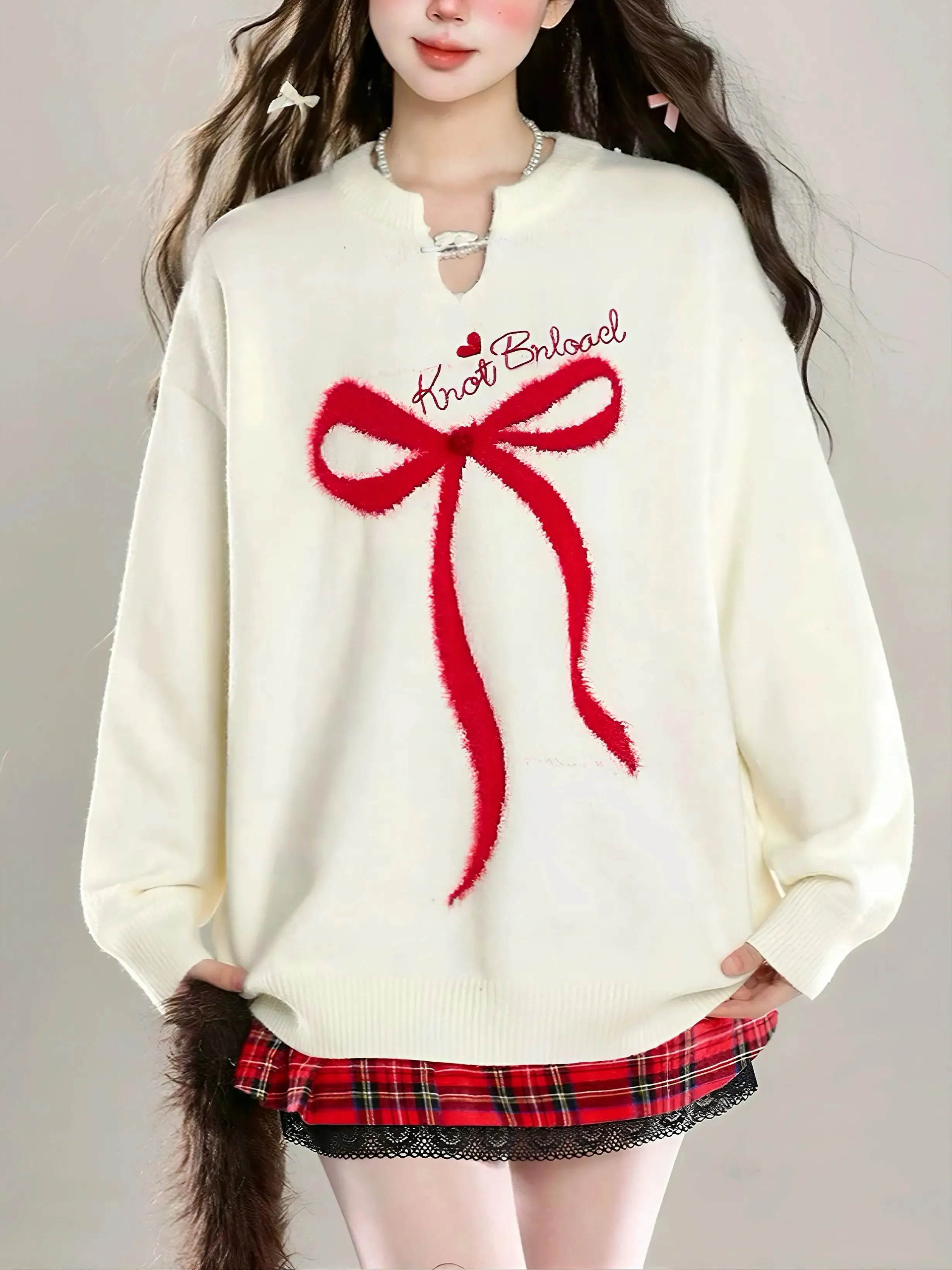 'Gifted' Red Ribbon Holiday Christmas Oversized Mohair Sweater