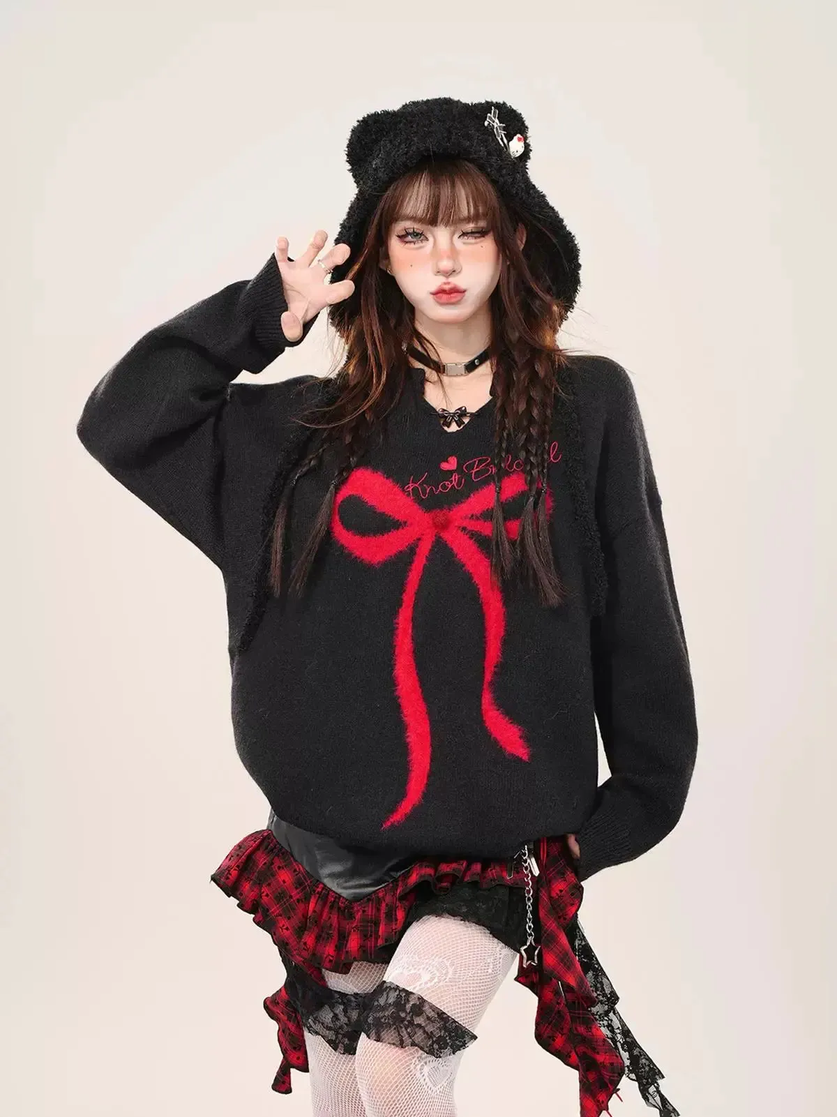 'Gifted' Red Ribbon Holiday Christmas Oversized Mohair Sweater