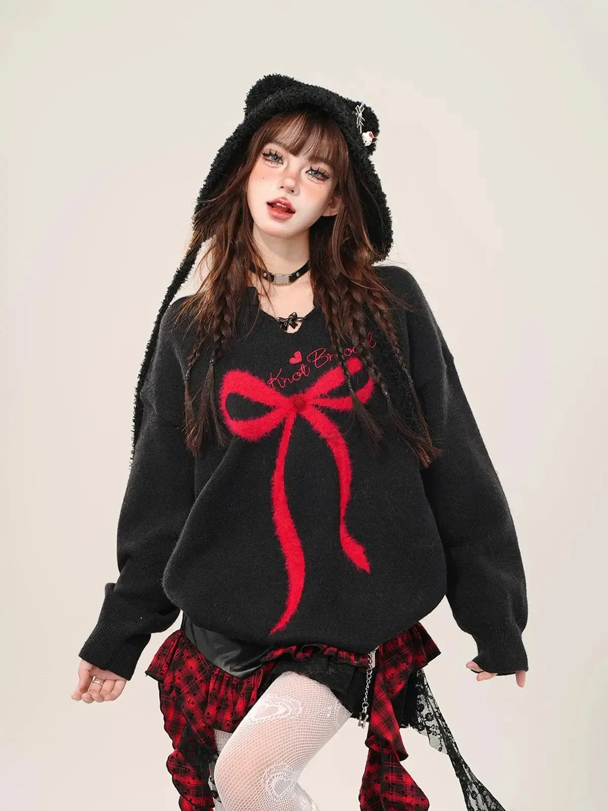 'Gifted' Red Ribbon Holiday Christmas Oversized Mohair Sweater