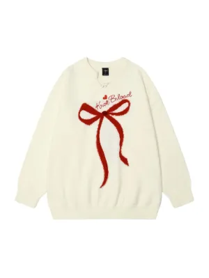 'Gifted' Red Ribbon Holiday Christmas Oversized Mohair Sweater