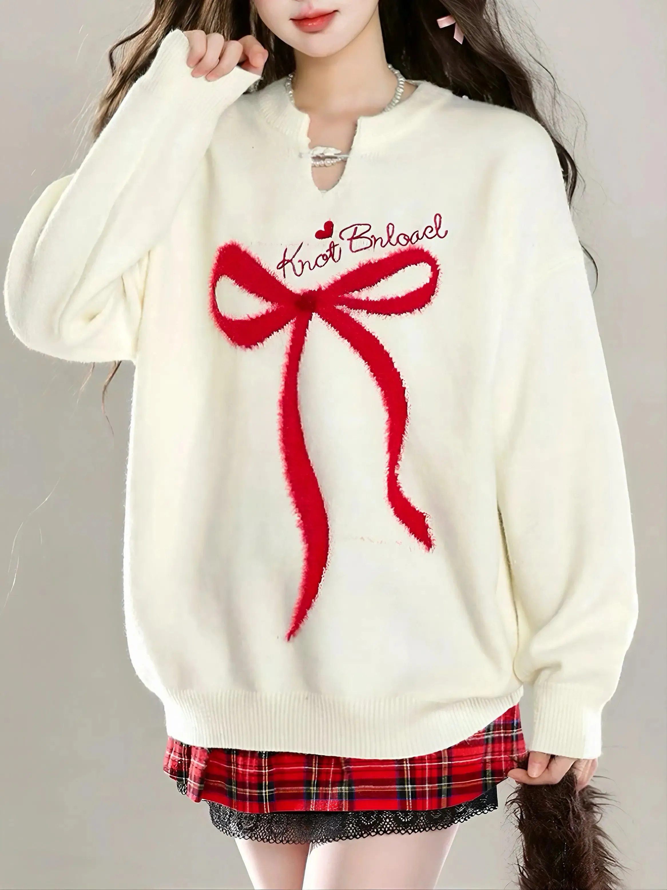'Gifted' Red Ribbon Holiday Christmas Oversized Mohair Sweater