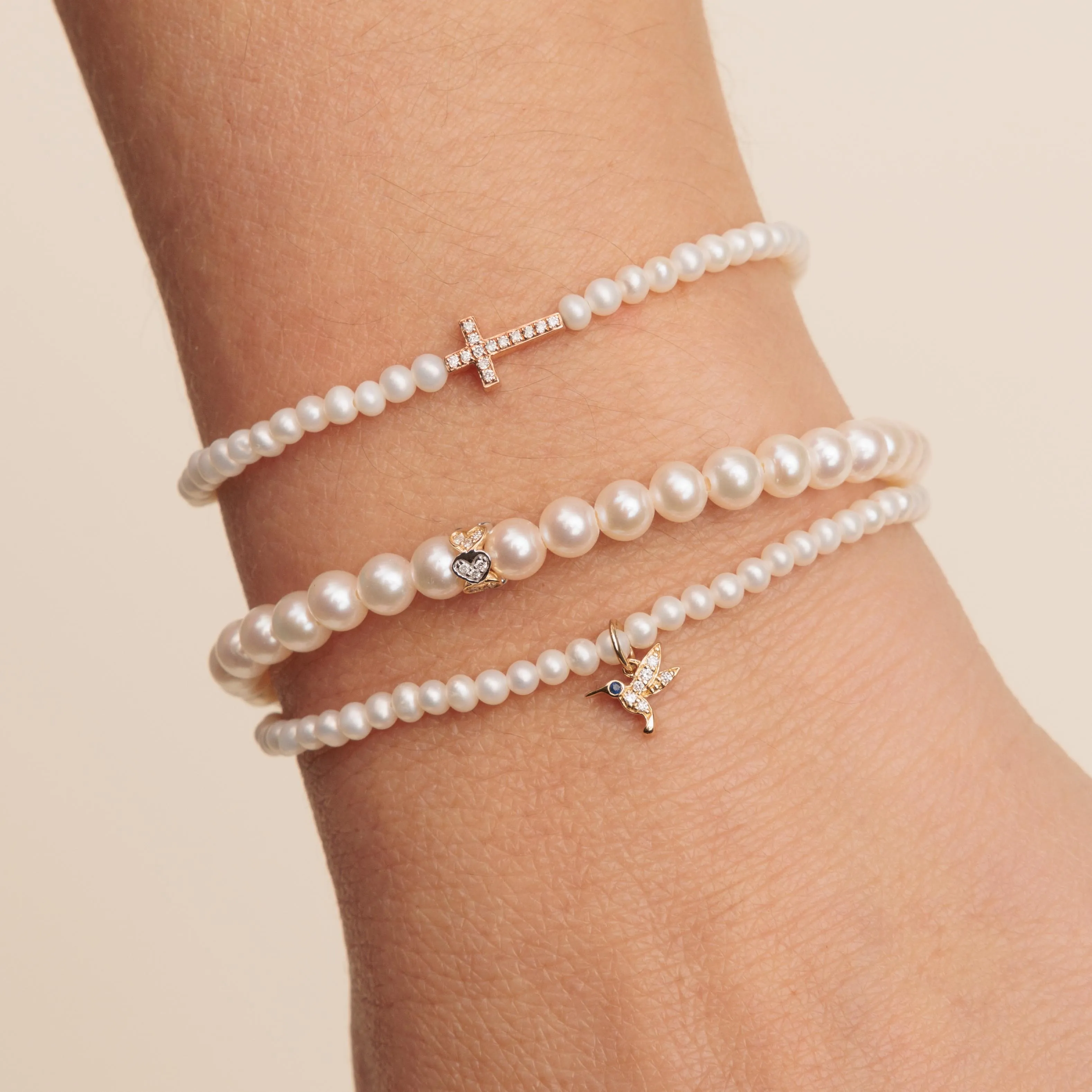 Gold & Diamond Eternity Heart Rondelle on Pearls