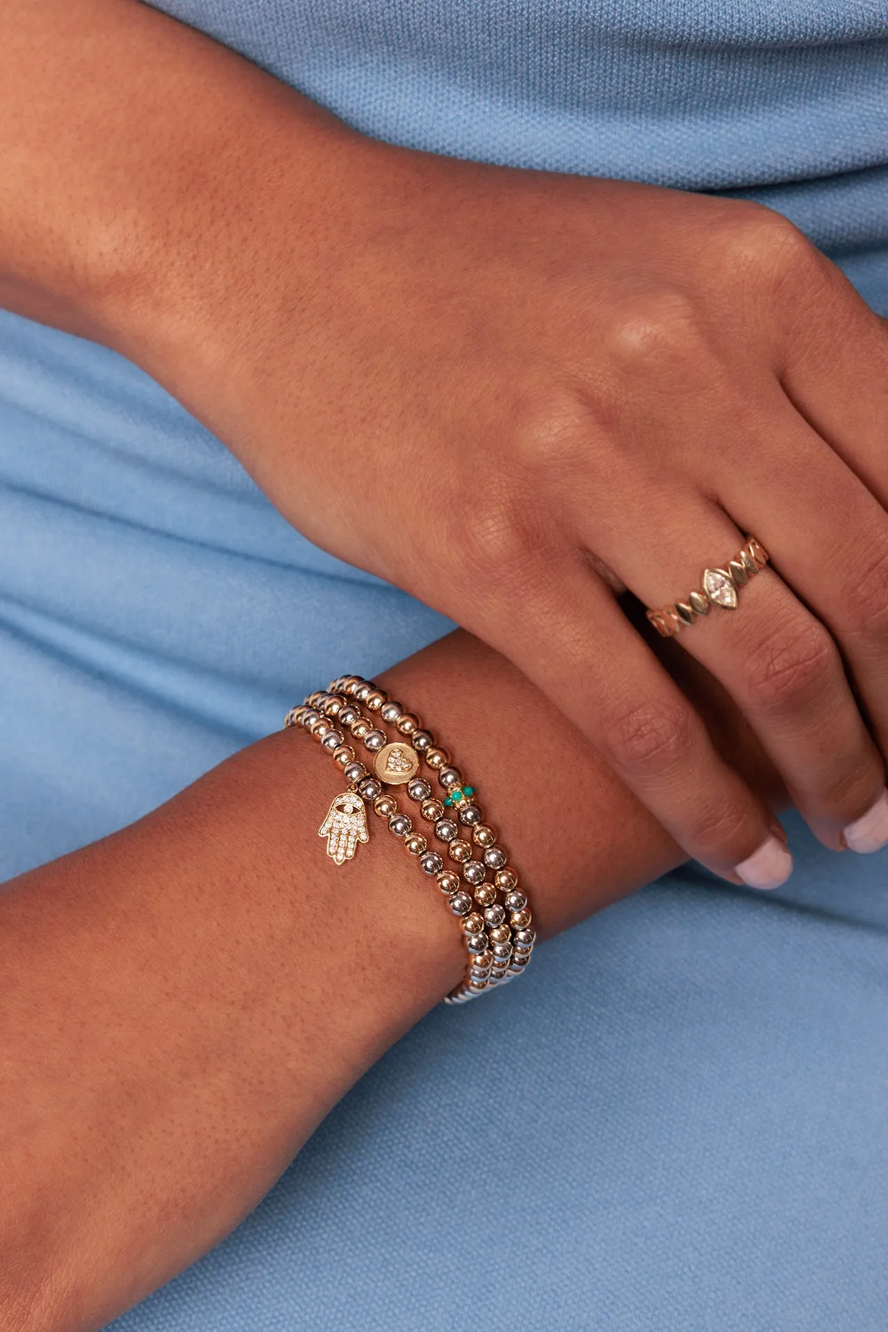 Gold & Diamond Hamsa on Two-Tone Gold Beads