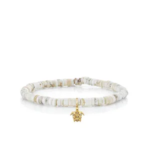 Gold & Diamond Small Turtle on White Turquoise Heishi